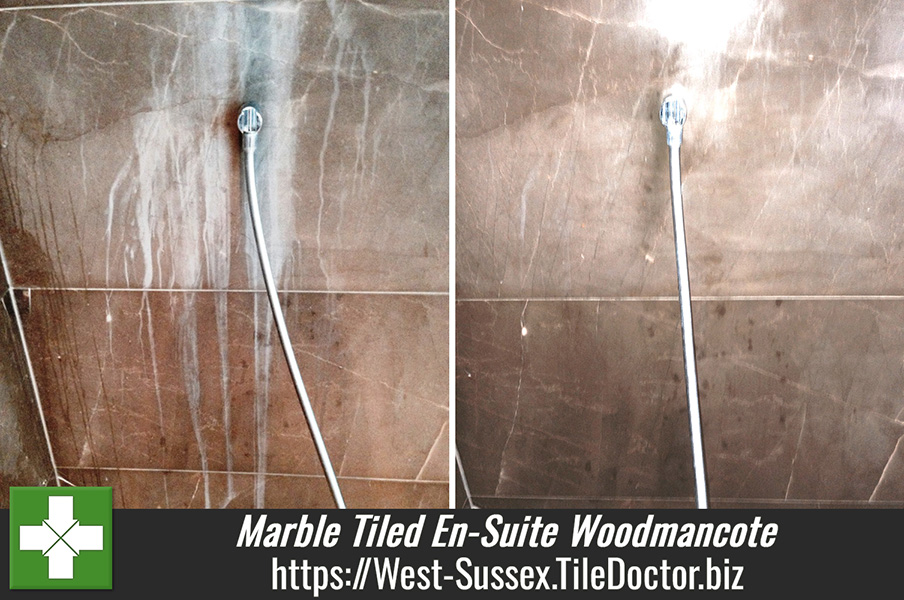 Damaged Marble Tiled En Suite in Woodmancote