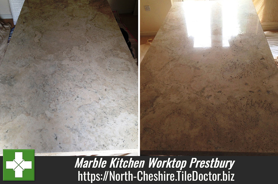 Putting the shine back on a Marble kitchen worktop in Prestbury