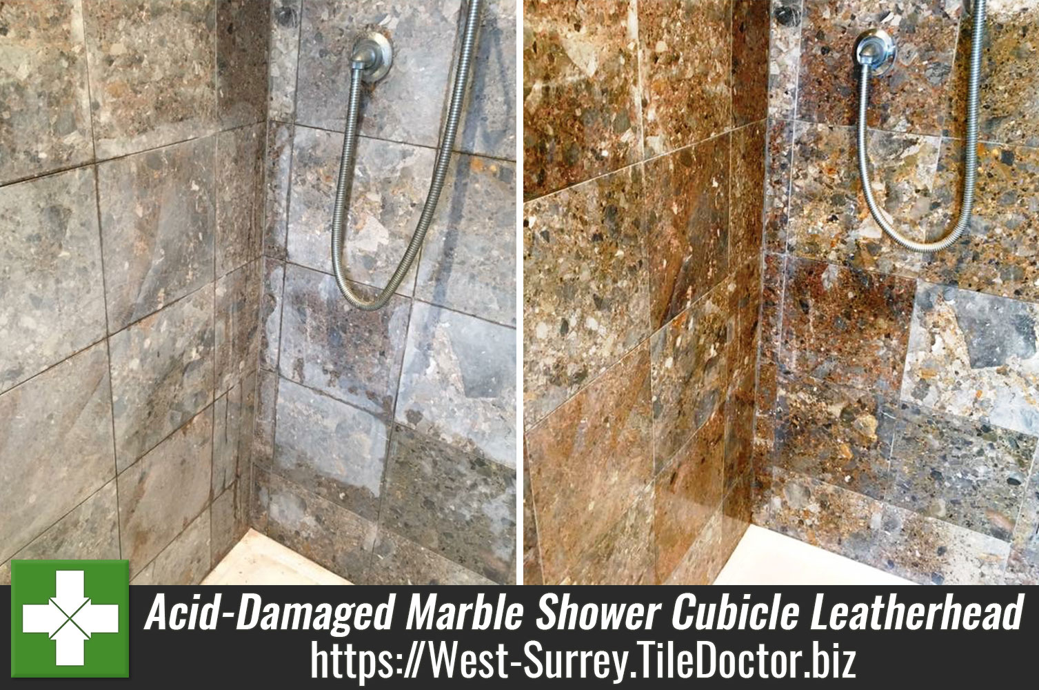 Acid Damaged Marble Shower Cubicle Restored in Leatherhead