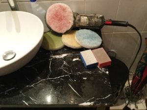 Black Marble Vanity Worktop During Polishing in Northampton