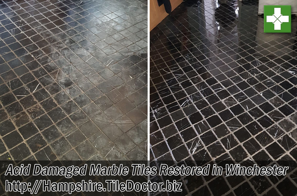 Damaged Marble Tiled Kitchen Floor Before After Restoration Winchester