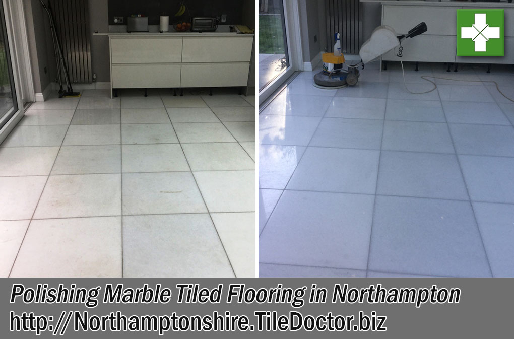 Stained Marble Tiled Floor Before After Polishing Northampton Northamptonshire
