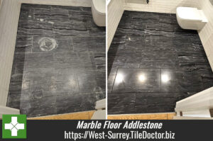 Limescale Stained Silver Wave Marble Tiled Bathroom Floor Renovation Addlestone